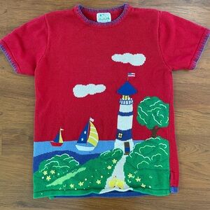 Vintage Quacker Factory Short Sleeve Sweater Lighthouse Sailboat Duck Red Knit